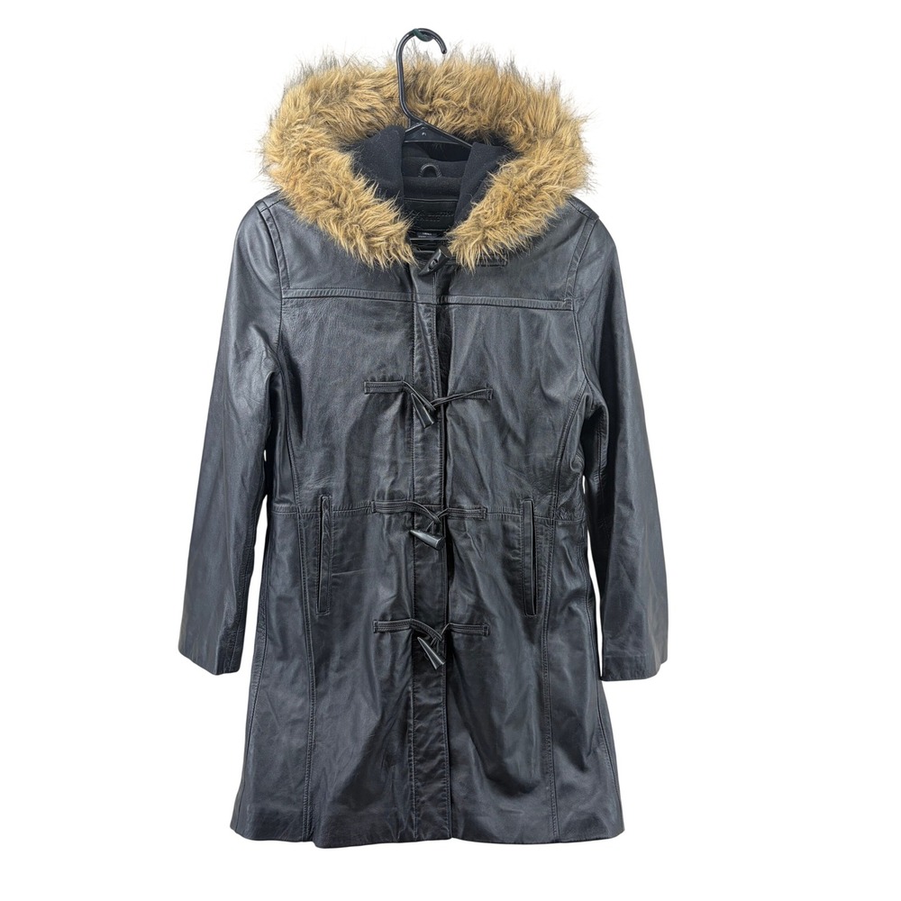 VTG Y2K Leather toggle faux fur leather car coat, grunge goth whimsigoth